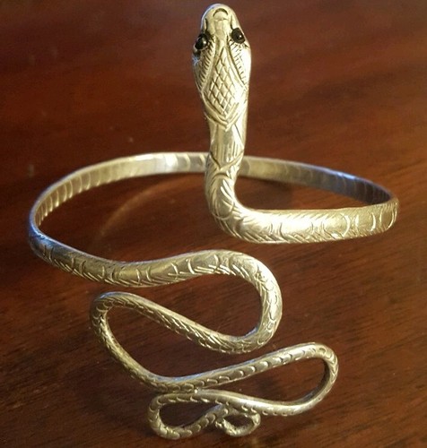 Egyptian Revival Snake Cuff Bracelet Sterling Silver 925 Onyx Vintage Hi-Detail