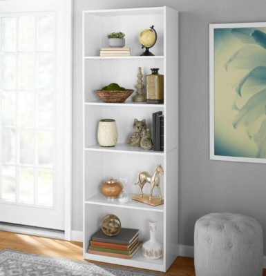5-Shelf Bookcase with Adjustable Shelves, White