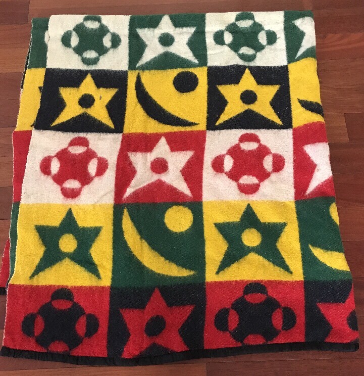 VINTAGE East German European Belgium WOOL BLANKET 66 1/2 x 74 Red Green Blue