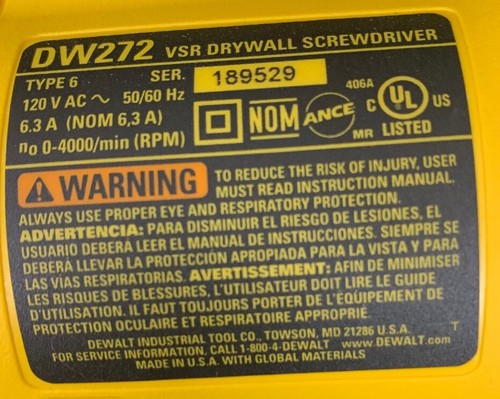 DeWalt DW272 VSR Drywall Screwdriver 120V