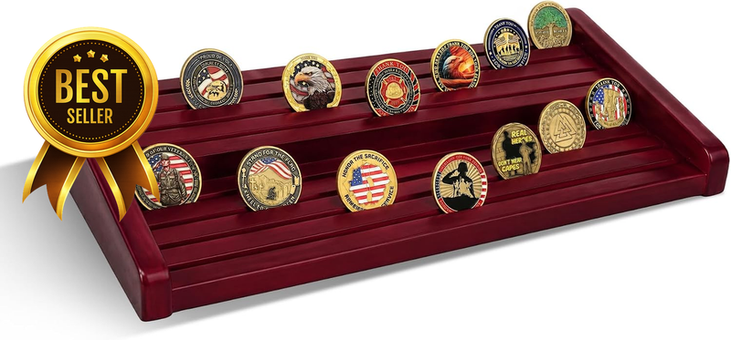 Mahogany 8-Row 60-70-Coin Solid-Wood Military Challenge Coin Stand