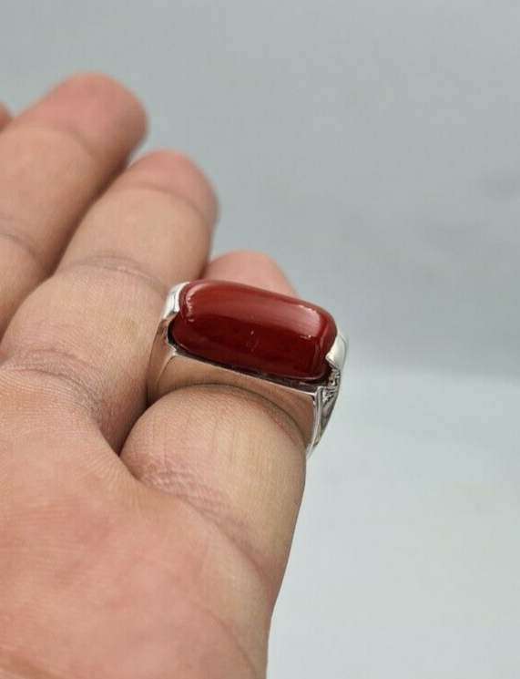Pre-owned Handmade Natural Dark Deep Red Coral Moonga Coral Ring Marjan Unisex Ring Silver Jewelry
