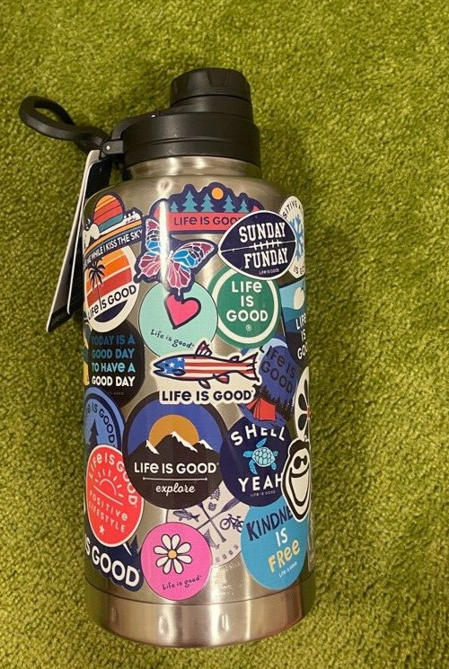 NWT Life Is Good 50 OZ Sticker Collage Water Bottle, Handle/ Hook, Wide Mouth