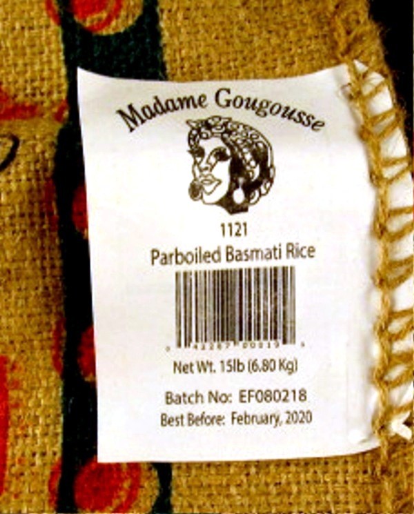 Madame Gougousse Aged Basmati Parboiled Rice 15lb Burlap TOTE BAG Zippered top