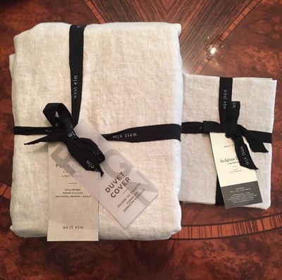 NWT West Elm Belgian Linen Duvet FullQueen amp 1 Standard Sham Natural Flax
