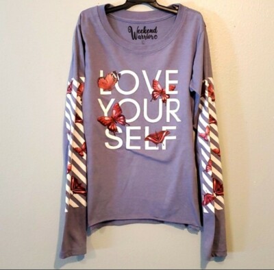 Weekend Warriors Long Sleeve Shirt Size L Gray Blue Purple With Butterflies 