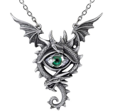 Alchemy Gothic Green Eye of the Dragon Flying Wings Pewter Pendant Necklace P832