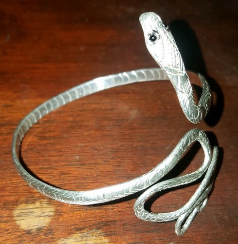 Egyptian Revival Snake Cuff Bracelet Sterling Silver 925 Onyx Vintage Hi-Detail