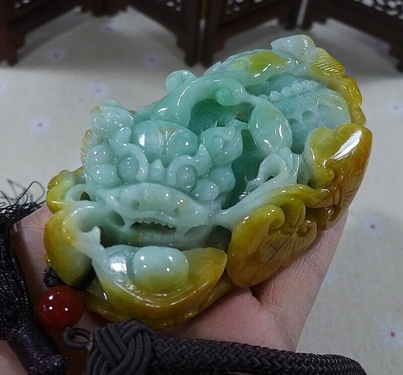 Vintage Natural Type A Yellow Green Jadeite Jade Big Pixiu Hand Play Carving