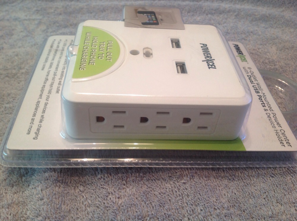 PowerXcel 6-Outlet Wall-Mounted Power Center ~ Dual USB Ports & Device Holder