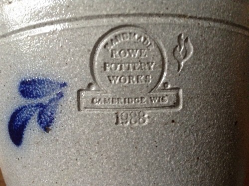 Rowe Pottery Works Salt Glaze Blue HEART Mixing / Baking Bowl 1988