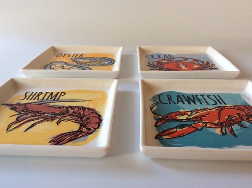 4 Seafood Appetizer Plates ~Crab, Oyster, Shrimp, Crawfish~ Parish Brand