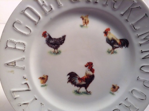Vintage Porcelain Plate with Hens, Chicks, Roosters And Alphabet