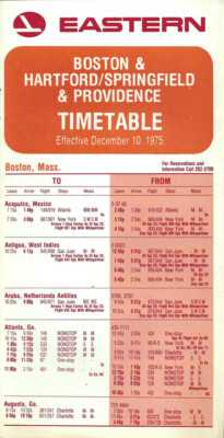 Eastern Airlines Boston/Hartford timetable 12/10/75 [1023] Buy 4+ save 50%
