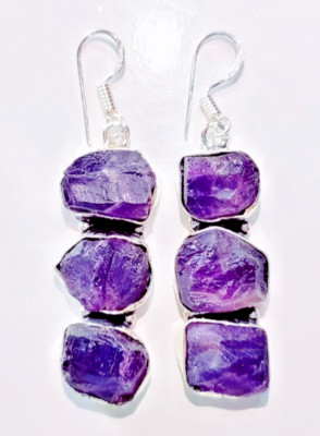 Natural Amethyst Gemstone 925 Sterling Silver Handmade Jewelry Earrings 2.10''