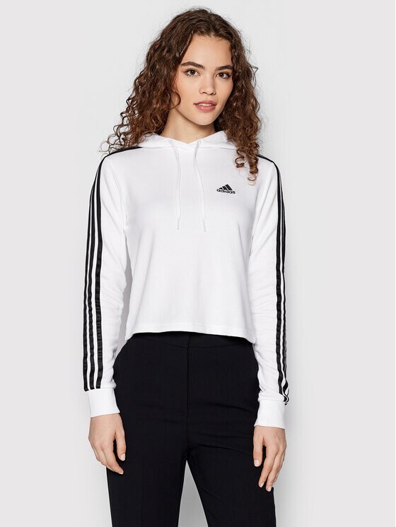

DEFECT ADIDAS Бело-черная укороченная толстовка с капюшоном Deporte с 3 полосками и длинными рукавами, Multicolor