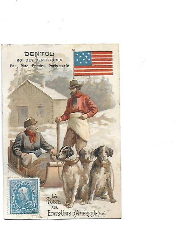 Ancien Chromo Pub Dentol  H. 10 Cms La Poste Aux Usa Chiens Timbre Drapeau