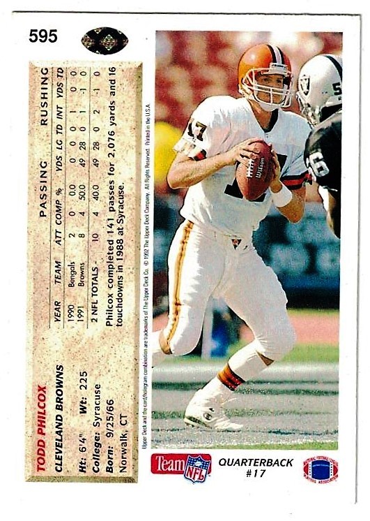 1992 UPPER DECK TODD PHILCOX QB CLEVELAND BROWNS SIGNED NFL FOOTBALL CARD