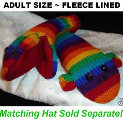 deLux NICE RAINBOW SOCK MONKEY MITTENS Flc LINED knit ADULT costume HAT SEPARATE