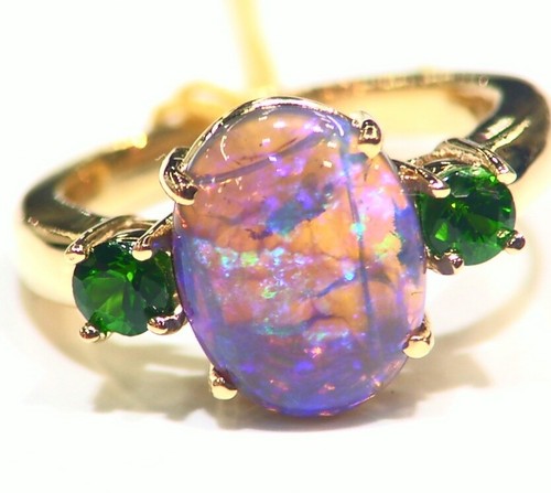 Vintage 14K Gold Natural Australian Opal Tourmaline 4.05CT Anniversary Ring Deco