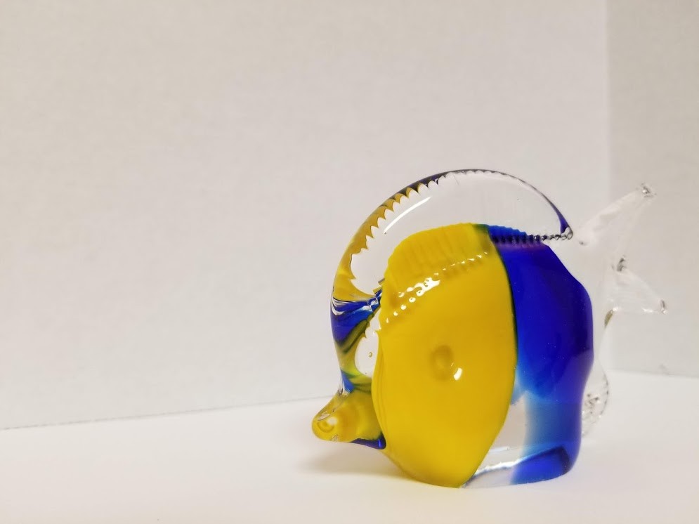 Murano Style Blue and Yellow Fish Paperweight -  4-1/2