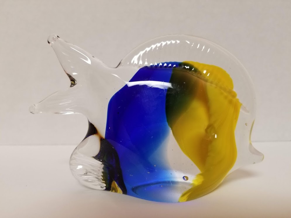 Murano Style Blue and Yellow Fish Paperweight -  4-1/2