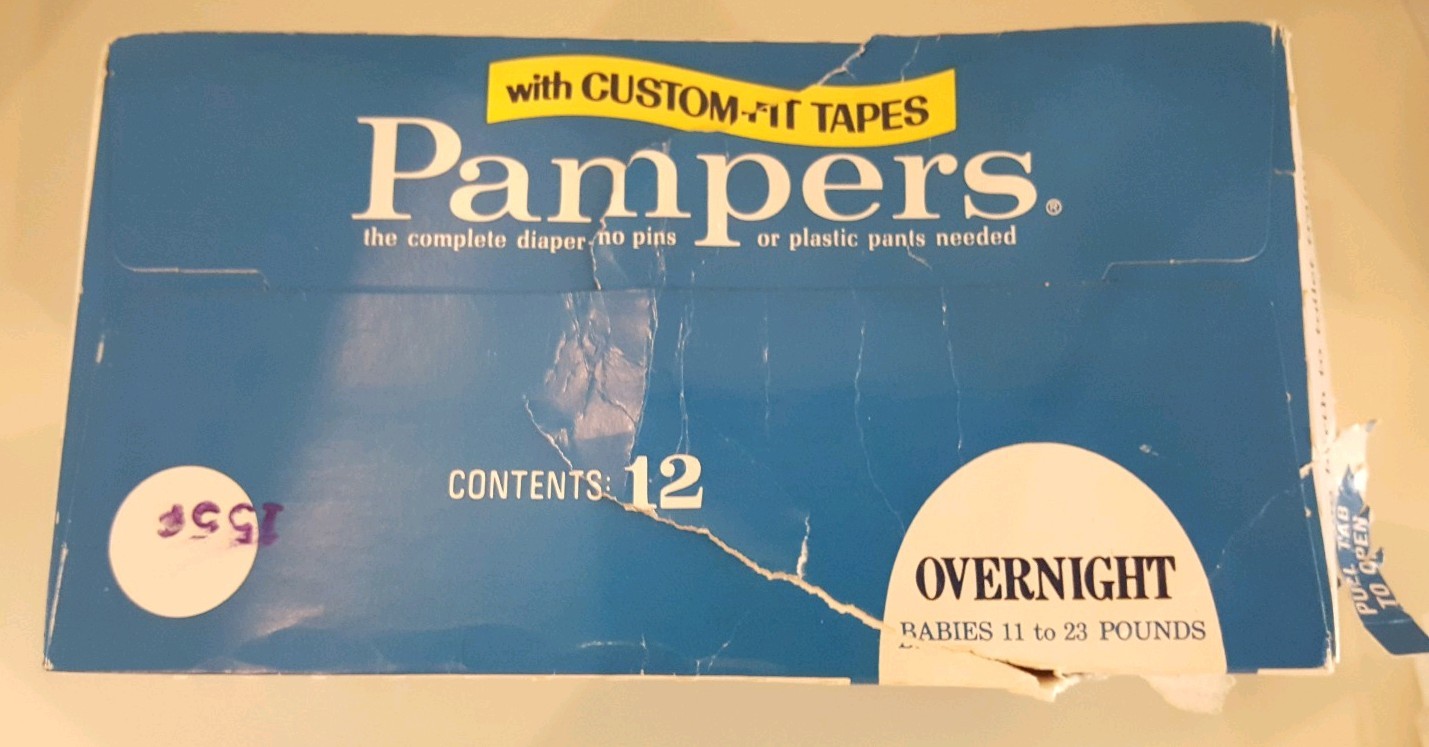 Vintage 1974 Pampers Overnight Diapers 11-23 lbs Blue Box 11 Plastic Diapers VTG