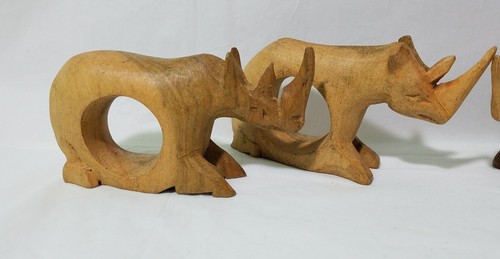 Hand Carved Wood Napkin Rings Rhinoceros Safari African Vintage Set of 6