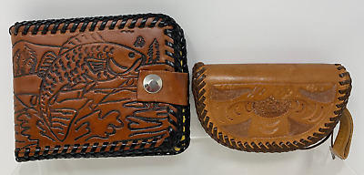 Vintage Tooled Fishing Bifold Leather Whipstitch Brown Wallet + Coin Purse LOT
