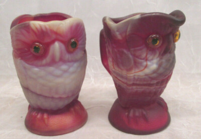 Imperial Amethyst Rust Slag Glass HOOT OWL Mini Creamer and Sugar Set 3.5''