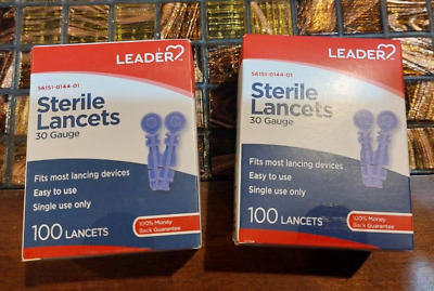 LOT OF 2, LEADER STERILE LANCETS 30 GUAGE 100 QTY BOX, EXPIRES 2/20/2024