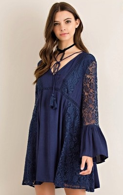 New Womens ENTRO NAVY BLUE LACE BOHO GYPSY BABYDOLL LINED V DRESS TUNIC S M L