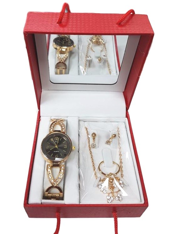 Set Regalo Donna Orologio Anello Orecchini Collana Cofanetto Specchio Dorato lac