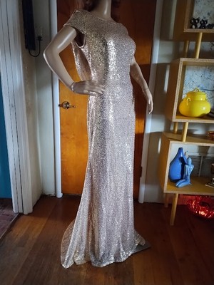 babyonline D.R.E.S.S~ Long Gold Sequin Open Draped Back Cap Sleeve Prom Elegant