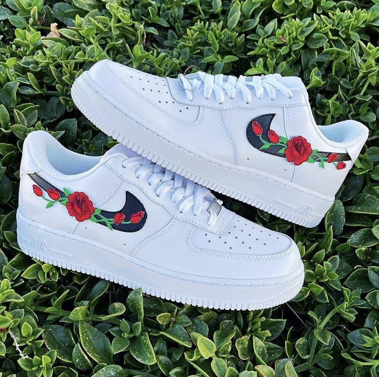 Pre-owned Nike Air Force 1 Red Rose Custom Low Floral White Black Shoes Mens Womens Kids