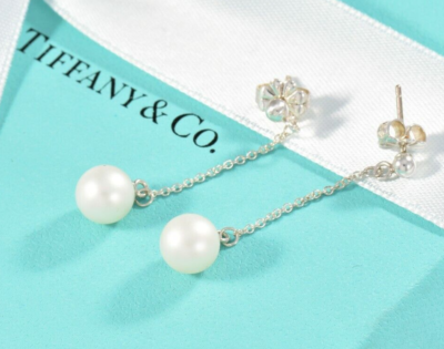 Tiffany Co Sterling Silver Bead Pearl Drop Earrings in Box Pouch