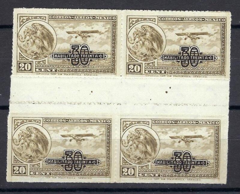 Mexico 1932 Sc# C49 Airmail 30c on 20c Eagle Plane Airplane gutter block 4 MNH