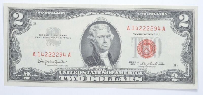 1963 $2 Two Dollar US Red Seal Jefferson Note Bill US Currency Crisp UNC