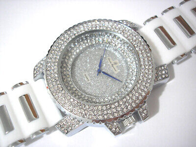 Silver Tone Metal Big Case White Rubber Band Men's Watch w Crystals Item 3383