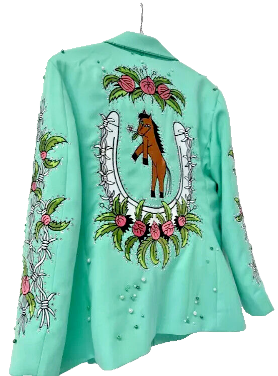 Pre-owned Art Men Cotton 2pc Pearl Embroidered Suit Western Wedding Cocktail Groomsmen & Groom In Light Sea Green
