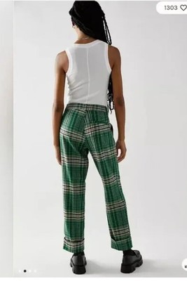 Free People All For Me Green Plaid Checked Low Rise Pants Trousers Size 6