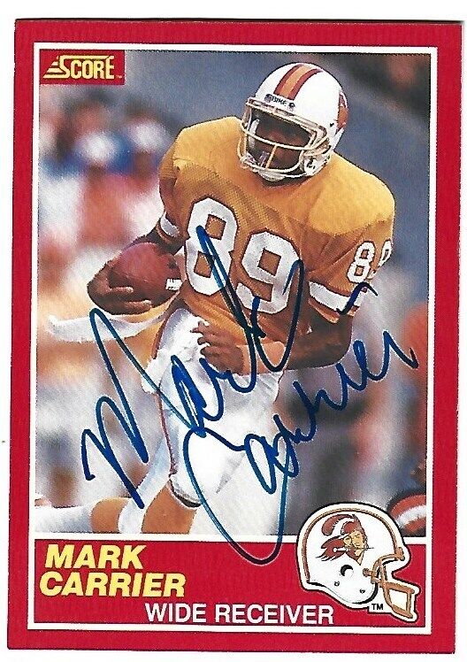 1989 SCORE MARK CARRIER TAMPA BAY BUCCANEERS AUTO SIGNED ON RC ROOKIE CARD #188. rookie card picture