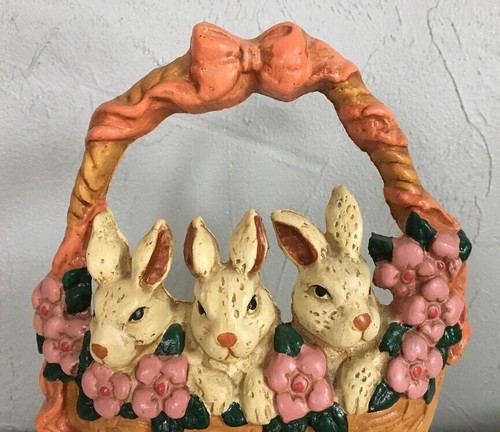 Cast Iron Door Stop Easter Basket Rabbits Flowers Hand Painted Spring Decor