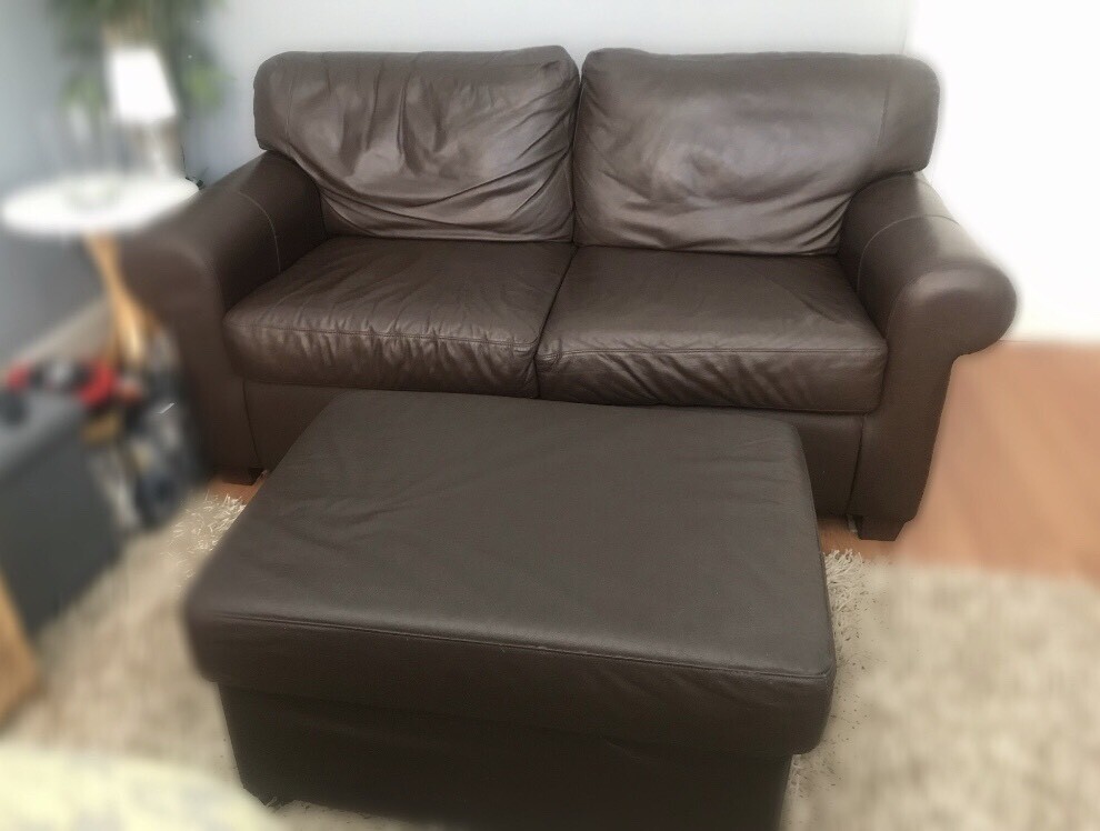 2 Seater (Easily sits three) IKEA Brown Leather Sofa with Footstool