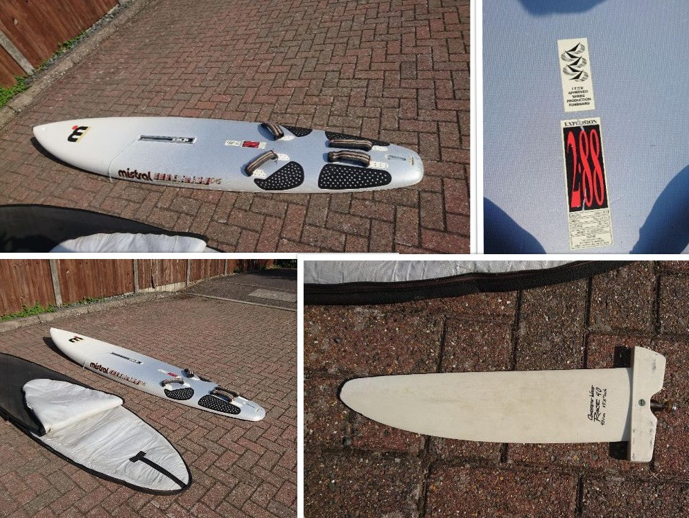 Mistral and F2 windsurf boards, masts, booms, 3 sails, harness and mast