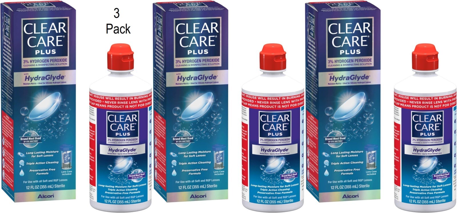 NEW 3 Pk Clear Care Plus HydraGlide 12oz Contact Lens Cleaning Solution 10/31/24