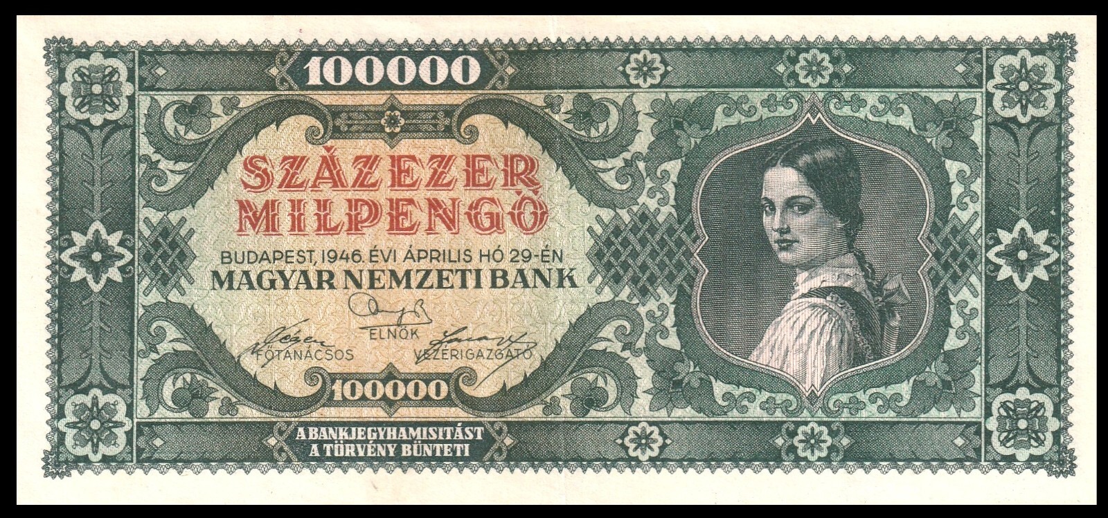 Hungary, 100000 Szazezer Milpengo, 1946, P-127 , Inflation Hungary, 100000 Szazezer Milpengo, 1946, P-127 , Inflation