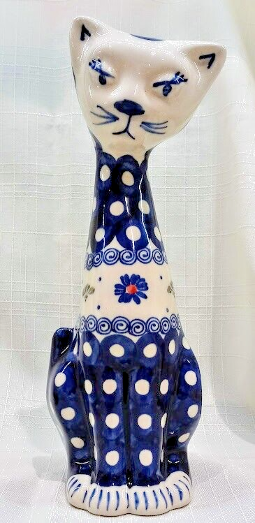 Polish Pottery Boleslawiec Cat Figurine Whimsy 9.5 in #117