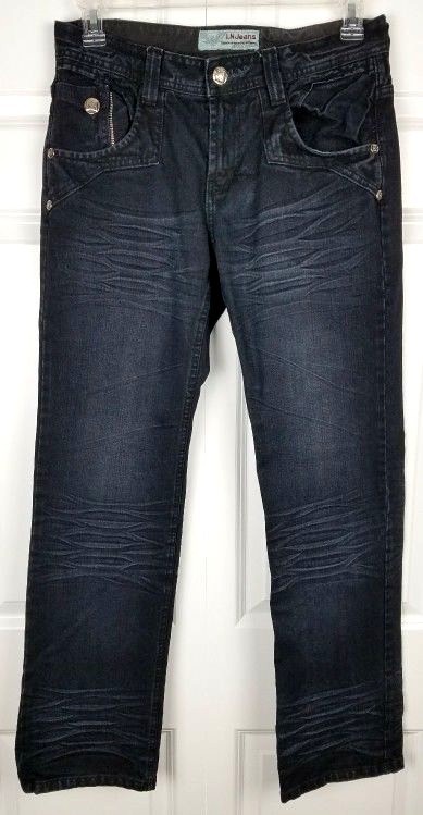 LN Jeans Black Straight Leg Size 31x32 Distressed Embroidery Zippers Moonshine