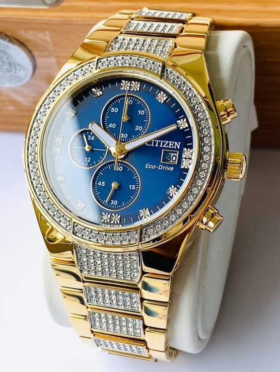 Pre-owned Citizen Blue Dial Eco-drive Crystal Gold Tone Men's Watch Ca0752-58l